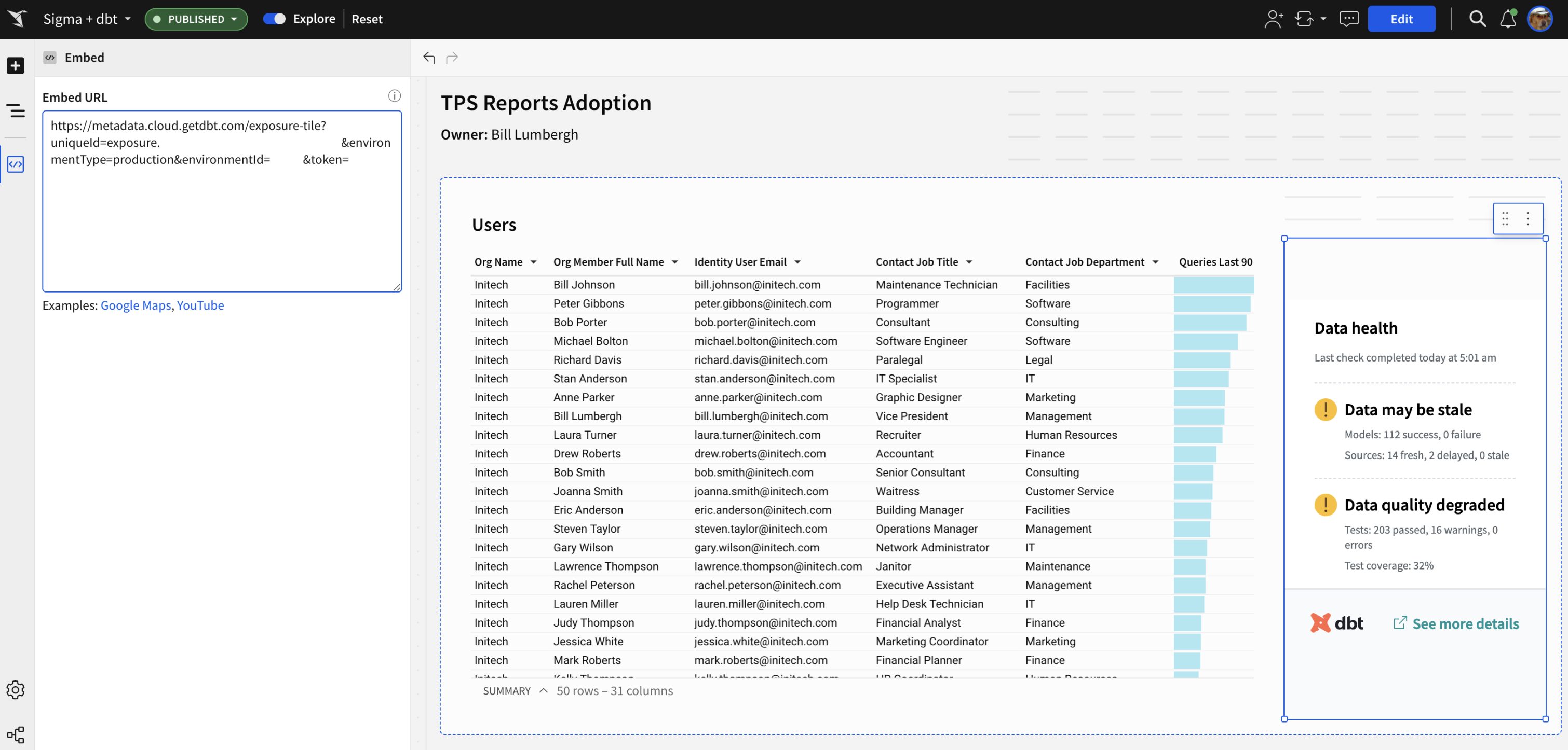 Embed data health tile in Sigma Embed data health tile in Sigma