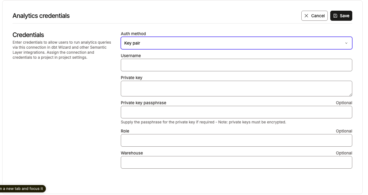 Analytics credentials with Key pair selected as the auth method Analytics credentials with Key pair selected as the auth method