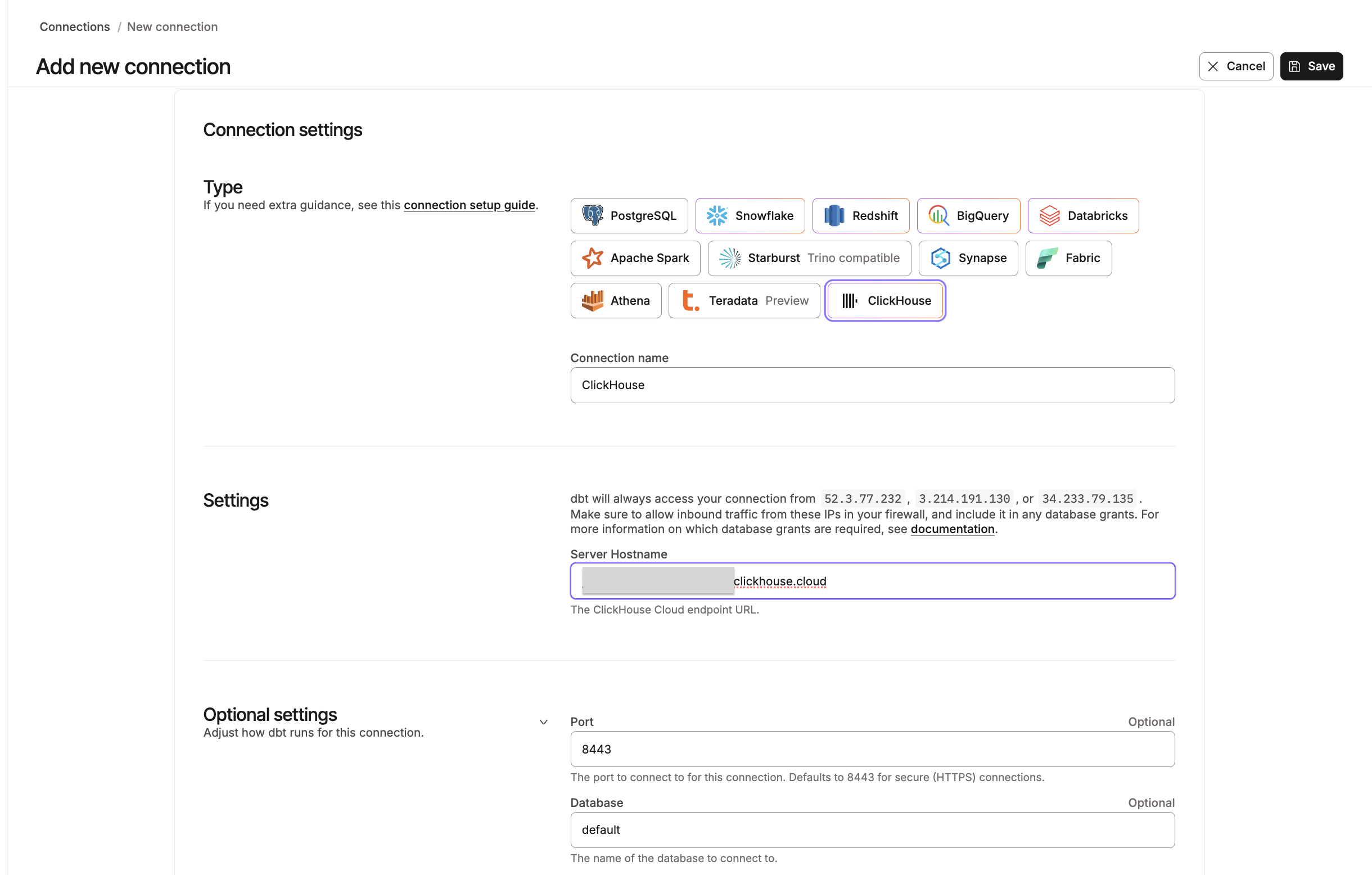 Example of the ClickHouse connection fields. Example of the ClickHouse connection fields.