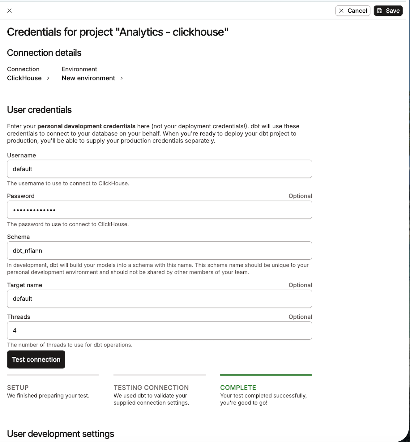 Example of the ClickHouse user credential fields. Example of the ClickHouse user credential fields.