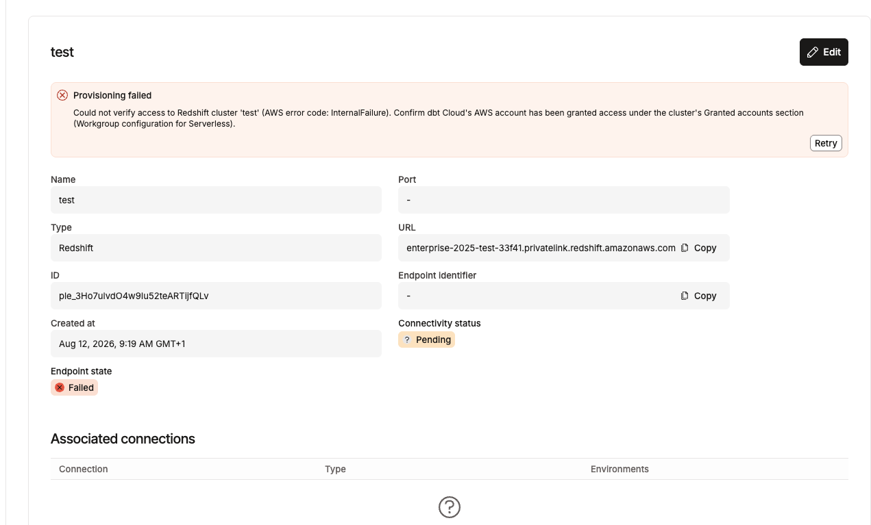 Provisioning failed banner on a Redshift endpoint details page with a Retry button