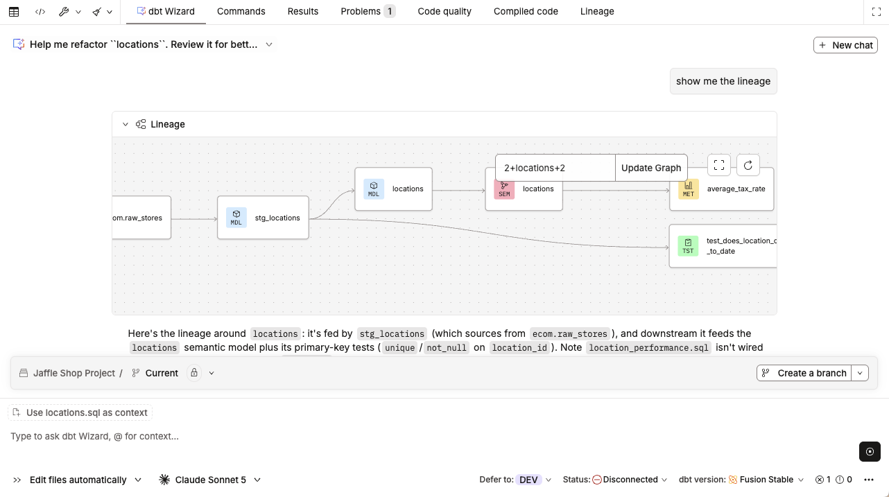 dbt Wizard in the Studio IDE refactoring a model and displaying the lineage inside the chat interface.