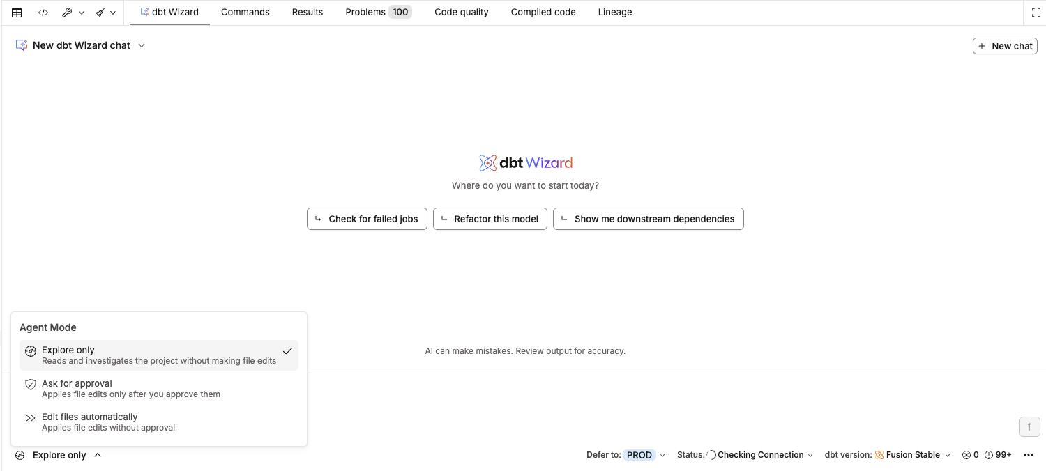 dbt Wizard in Explore only, Ask for approval, and Edit files automatically modes.