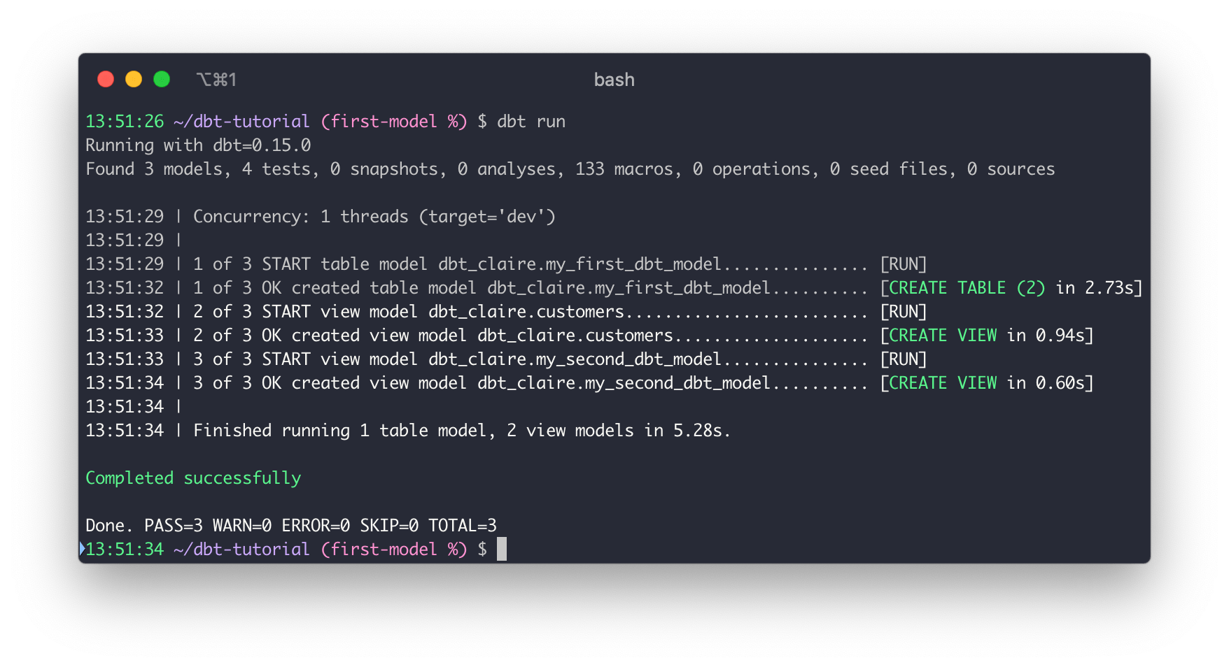 A successful run with the v1 CLI