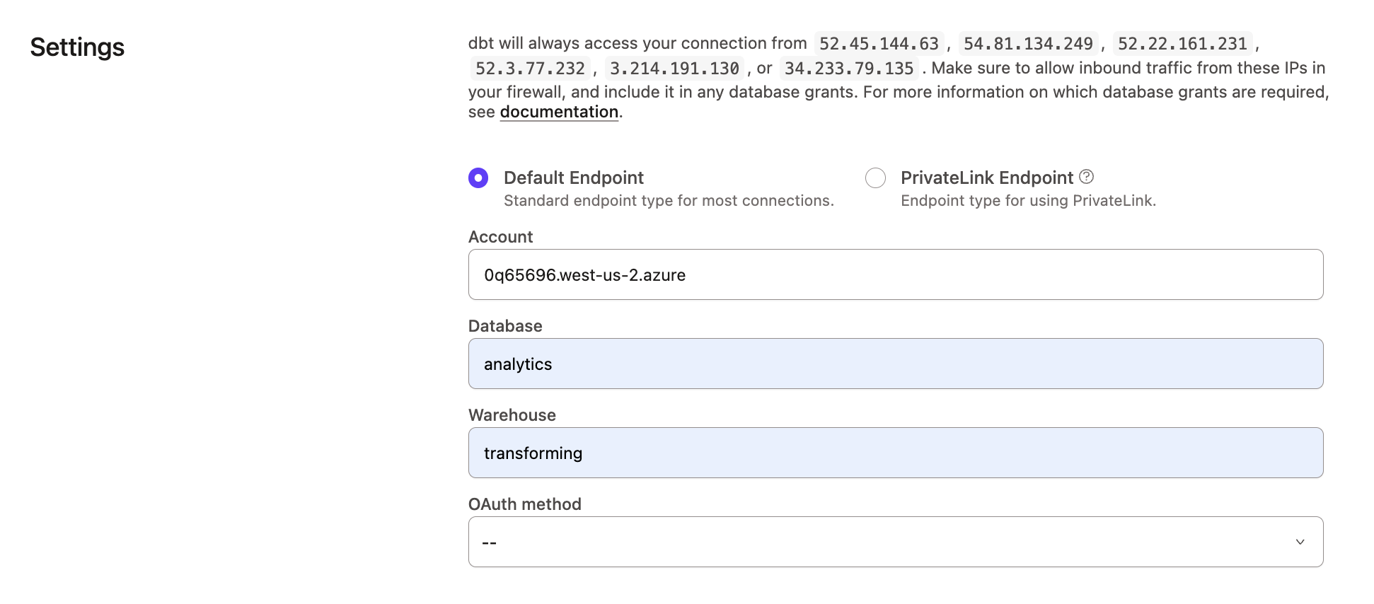 dbt - Snowflake Account Settings