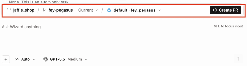 You can find the dbt project, git worktree name, branch, target, and schema above the chat composer You can find the dbt project, git worktree name, branch, target, and schema above the chat composer