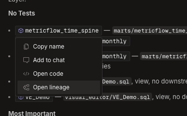 Selecting a dbt model name in a Wizard response opens Copy name, Add to chat, Open code, and Open lineage